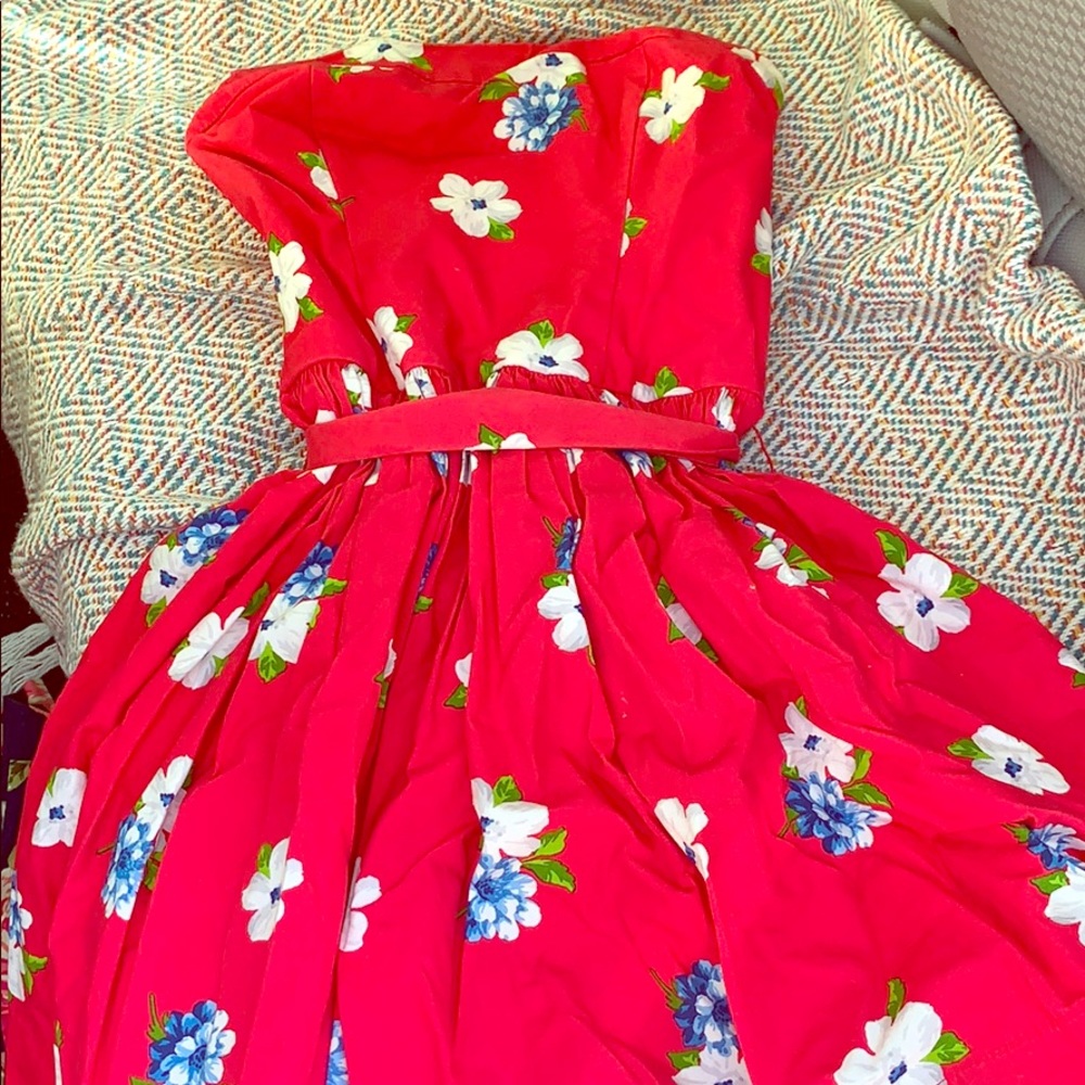 Strapless, red, flower dress